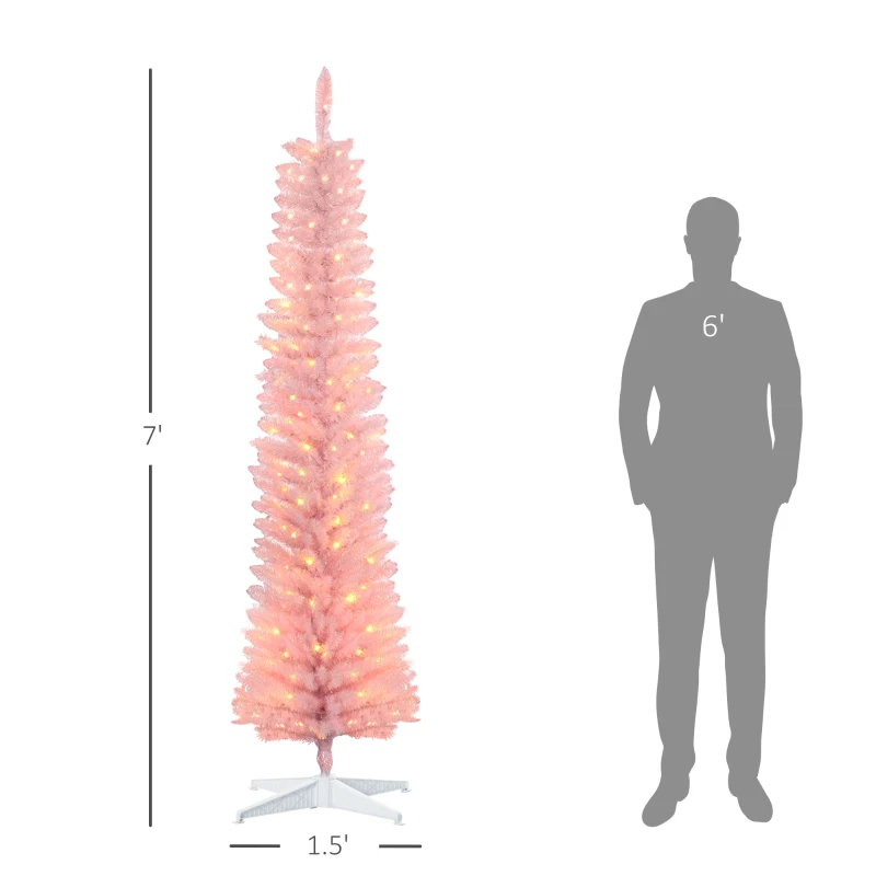 HOMCOM 7' Prelit Christmas Trees, Pencil Artificial Christmas Tree with Colorful Surface Branches, Colorful LED Lights, Pink