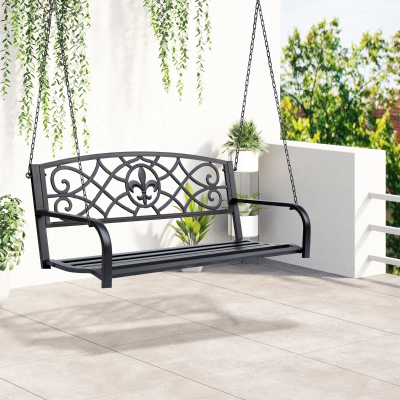 Outsunny 2-Person Porch Swing, Hanging Steel Patio Swing, Outdoor Swing Bench with Fleur-de-Lis Design for Garden Deck, 528 LBS Weight Capacity, Black