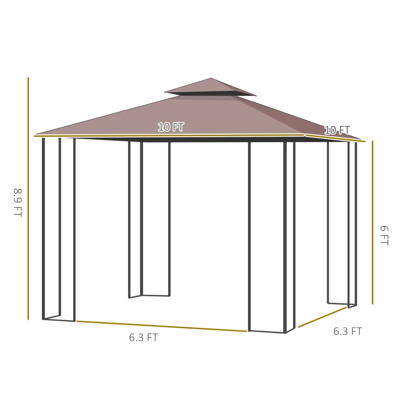 Outsunny 10' x 10' Metal Patio Gazebo, Double Roof Outdoor Gazebo Canopy Shelter with Tree Motifs Corner Frame and Netting, Brown
