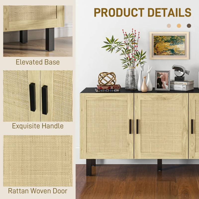 HOMCOM Boho Kitchen Cabinet, Buffet Cabinet with 3 Rattan Doors and Adjustable Shelves for Dining Room, Black and Natural