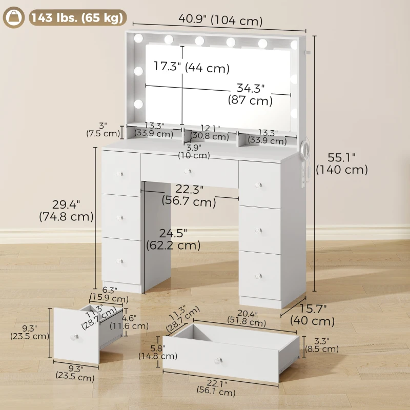 HOMCOM Vanity Desk with 10 Dimmable LED Lights, Mirror Dressing Table with 7 Drawers and Charging Station, White