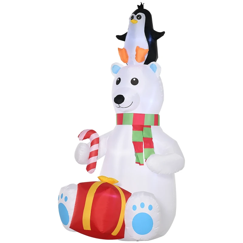 Outsunny 7ft Christmas Inflatables Outdoor Decorations Polar Bear with Penguin on Head with Candy Cane and Gift Box, Blow-Up LED Yard Christmas Decor for Lawn Garden Party