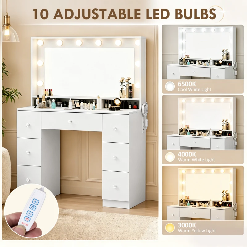 HOMCOM Vanity Desk with 10 Dimmable LED Lights, Mirror Dressing Table with 7 Drawers and Charging Station, White