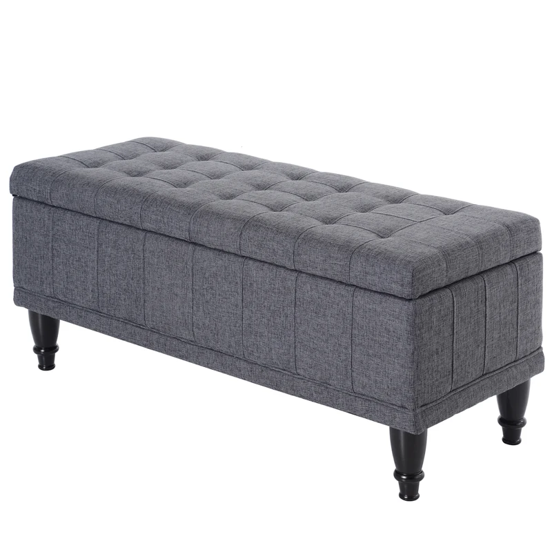 HOMCOM Storage Ottoman, Linen Fabric End of Bed Bench with Soft Close Lid, Button Tufted Storage Bench for Living Room, Entryway or Bedroom, 42" x 17" x 19", Grey
