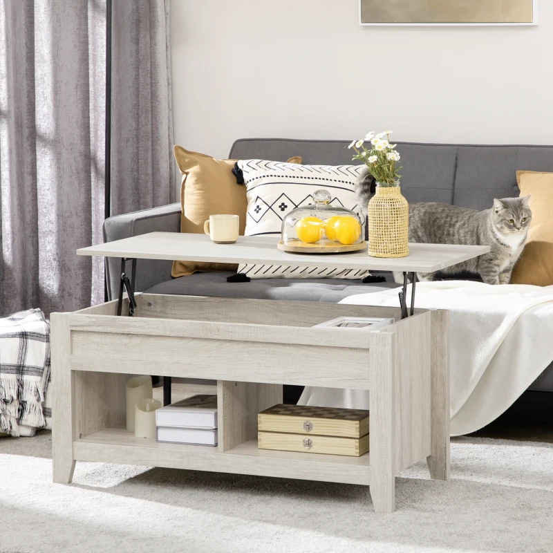 HOMCOM Lift Top Coffee Table with Hidden Storage Compartment and Open Shelves, Lift Tabletop Pop-Up Center Table for Living Room, Oak Effect