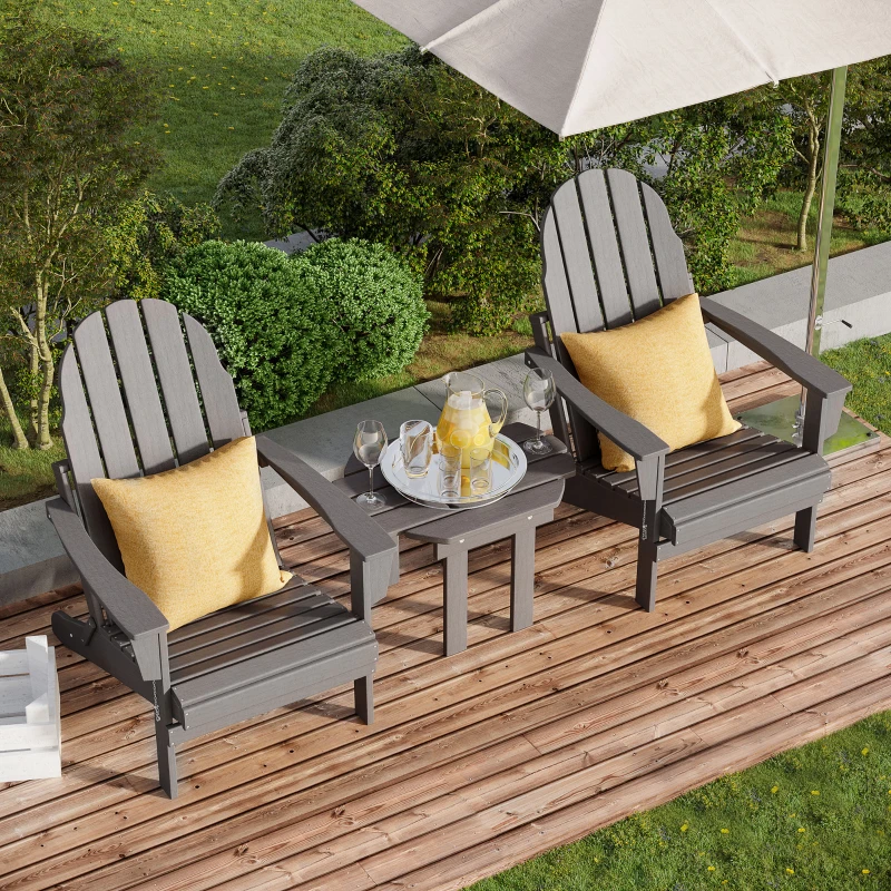 Outsunny 3 Piece Adirondack Chair Set of 2, HDPE Folding Fire Pit Chairs and Patio Side Table, Outdoor Furniture with Slatted Seat, High Backrest, Armrests, Dark Gray