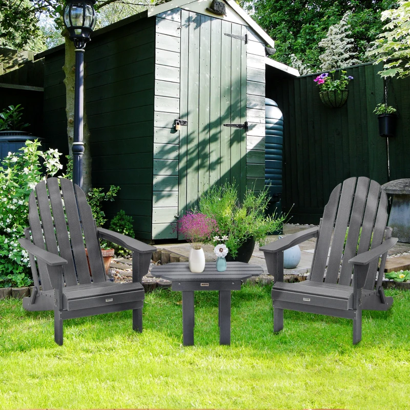 Outsunny 3 Piece Adirondack Chair Set of 2, HDPE Folding Fire Pit Chairs and Patio Side Table, Outdoor Furniture with Slatted Seat, High Backrest, Armrests, Dark Gray