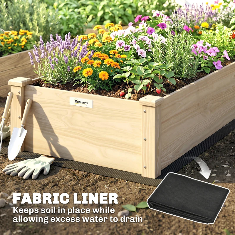 Outsunny 96" x 24" x 10" Wooden Raised Garden Bed with 2 Planter Boxes and Non-woven Fabric Liner for Patio, Natural