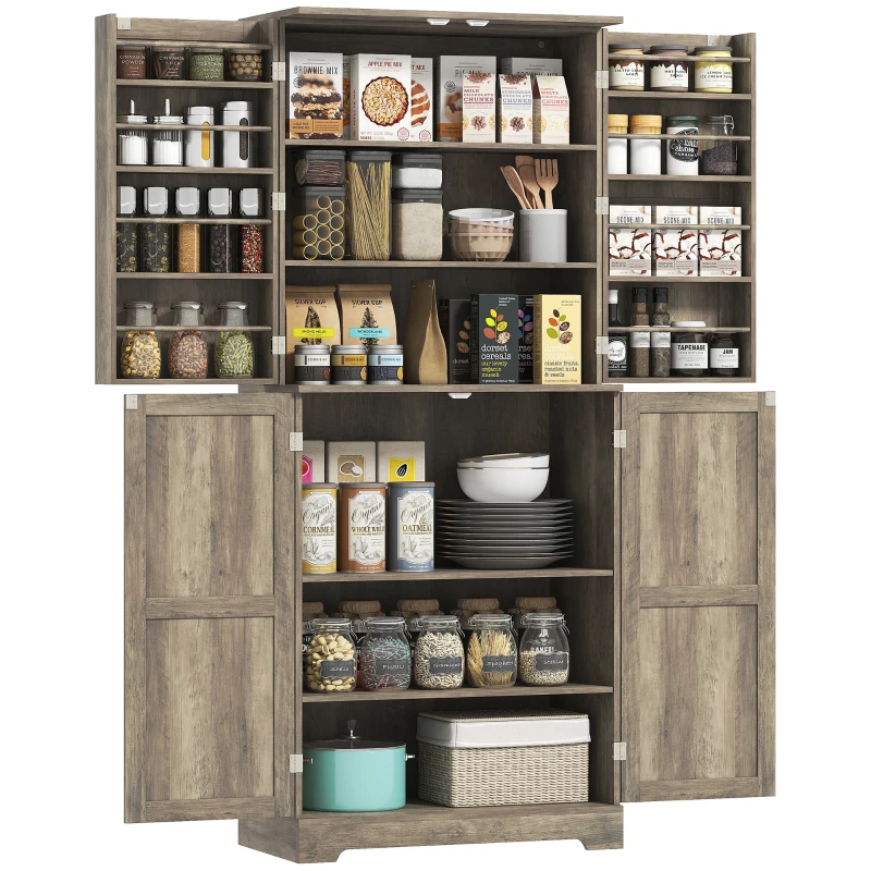 HOMCOM Farmhouse Kitchen Pantry, 72" Tall Pantry Cabinet with 4 Barn Doors, 4 Adjustable Shelves and 8 Door Shelves, Gray Wash