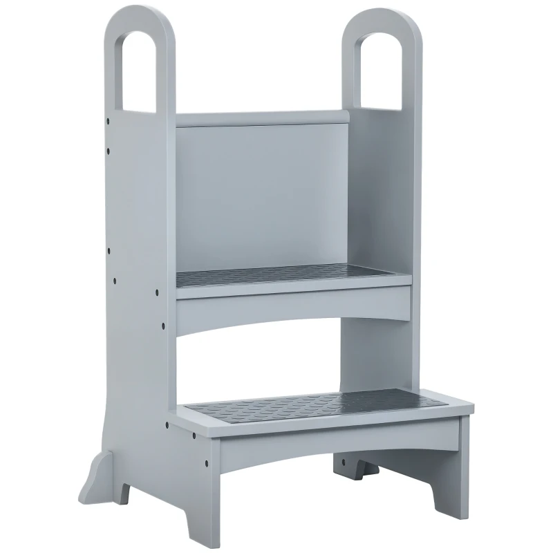 Qaba 2 Step Stool Kids Kitchen Helper with Support Handles and Non-Slip Pad for Kitchen, Living room and Bathroom, Grey