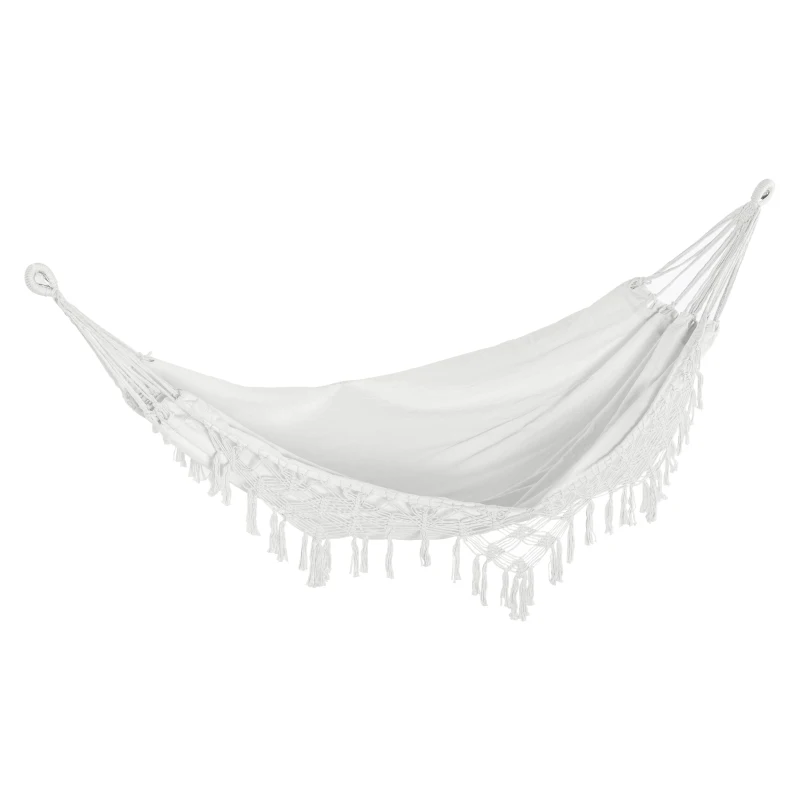 Outsunny Extra Large Boho Hammock with Macrame Tassel Fringe, Includes Carrying Bag, Indoor Outdoor Tree Hammock, White