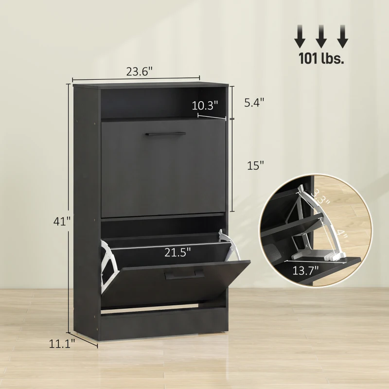 HOMCOM Shoe Cabinet 2 Flip Drawers Adjustable Dividers Shoe Storage Cabinet Top Shelf Entryway Black