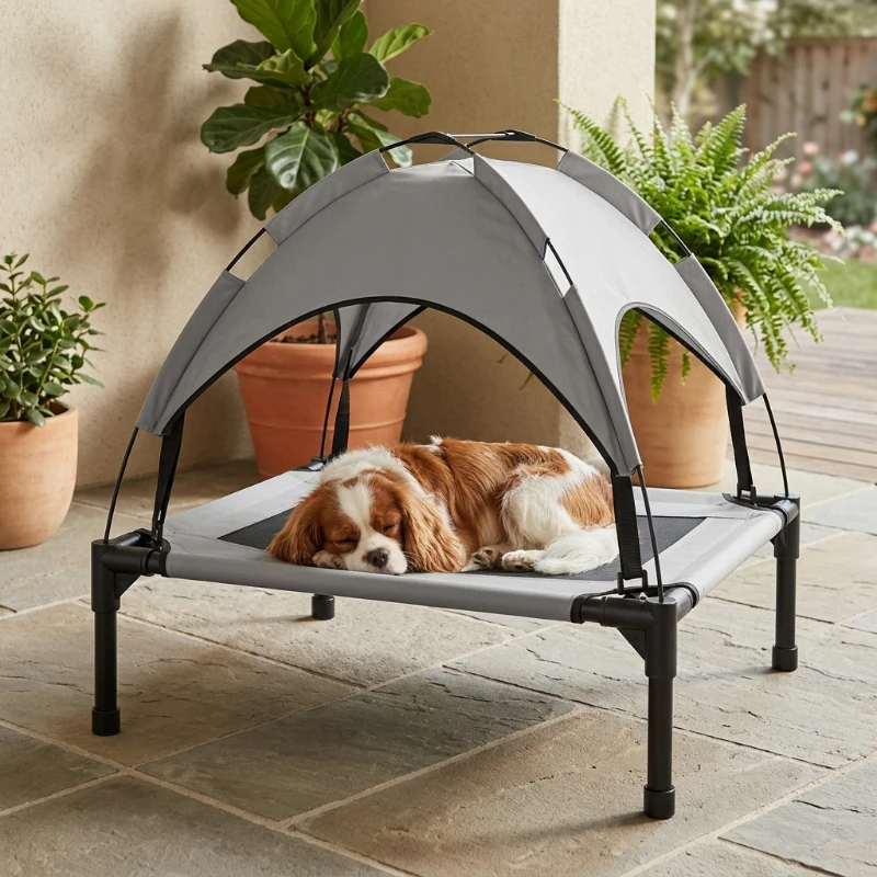 PawHut Elevated Dog Bed with Canopy, Raised Outdoor Pet Bed for Camping with Washable Breathable Mesh, 30" x 24" x 27"