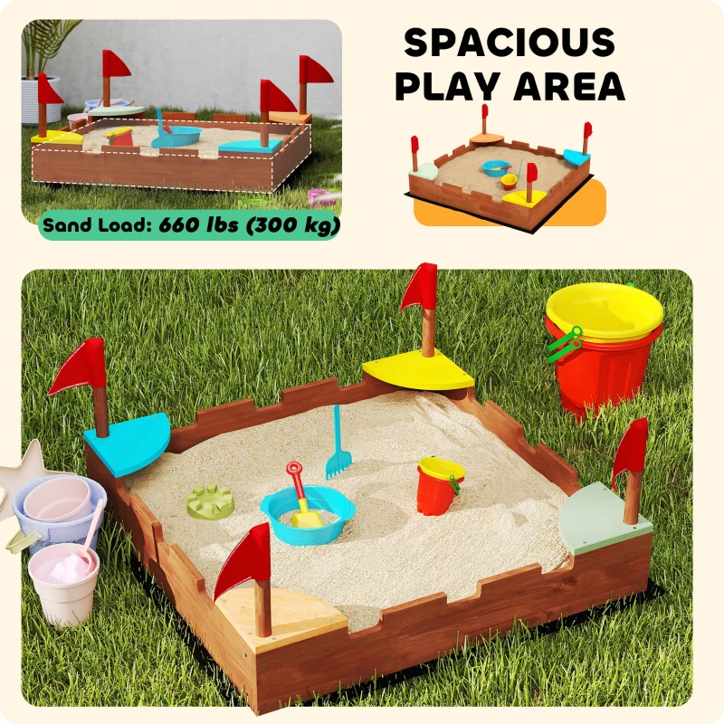 Qaba Kids Wooden Sandbox with Flags, 4 Colorful Built-in Corner Seating, Ground Liner, Gift for Ages 3-7, Wooden Brown