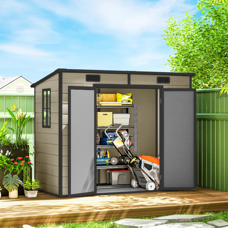 Outsunny 8' x 4' Plastic Outdoor Storage Shed with Floor, Window, Lockable Doors and Vents for Backyard Patio Lawn, Light Brown