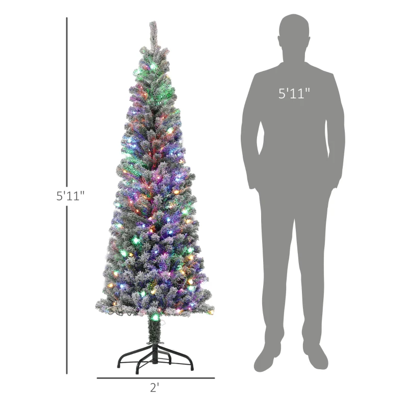 HOMCOM 6 ft Pencil Christmas Tree, Pre-Lit Flocked Xmas Tree with Dual Color LED Lights, 429 Tips and Metal Stand, Green