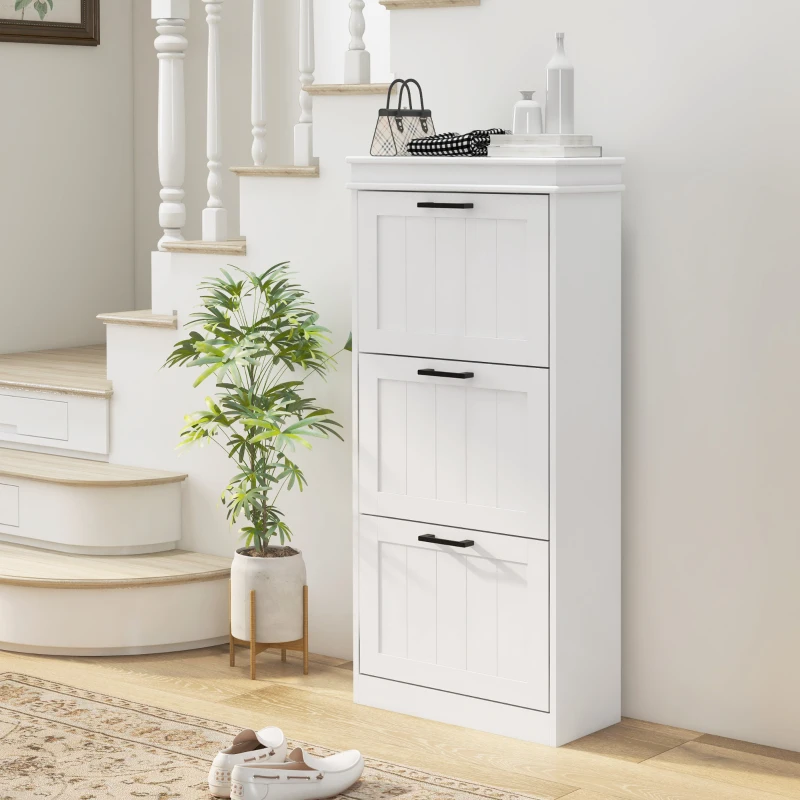 HOMCOM Modern Shoe Storage Cabinet with 3 Flip Drawers for 15 Pairs, Narrow Shoe Organizer for Entryway, Hallway, White