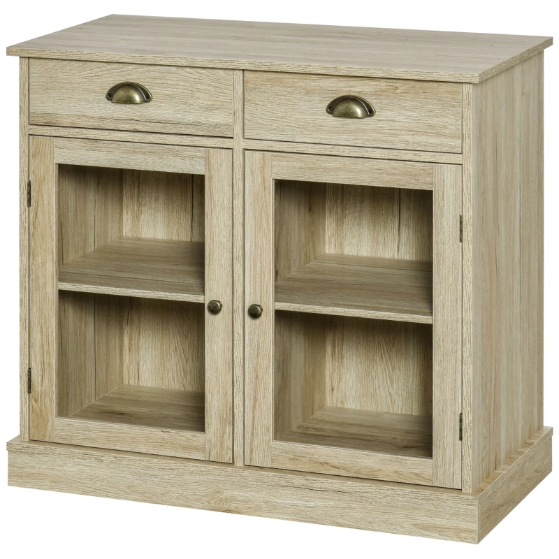 HOMCOM Farmhouse Sideboard Buffet Cabinet, Kitchen Cabinet with 2 Glass Doors, Coffee Bar Cabinet with Adjustable Shelves and 2 Drawers for Living Room, Oak