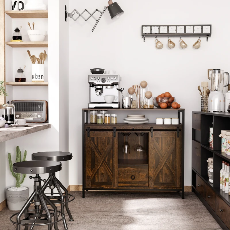 HOMCOM Industrial Sideboard Buffet Cabinet with Sliding Barn Doors, Coffee Bar Cabinet with Stemware Racks, Drawer and Adjustable Shelves for Kitchen, Rustic Brown