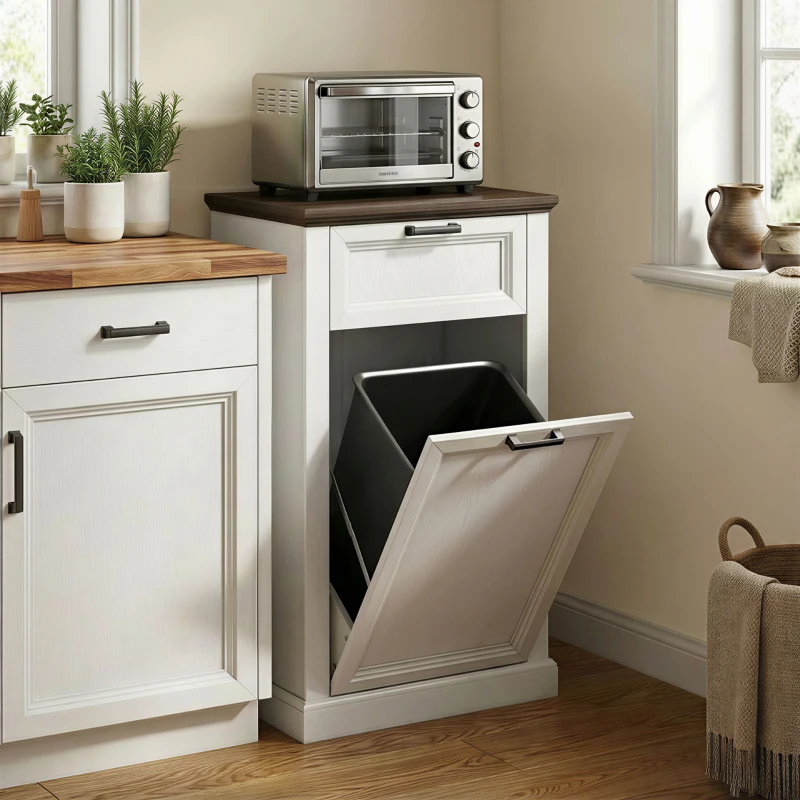 HOMCOM 10 Gallon Trash Can Cabinet with Drawer, Farmhouse Tilt Out Garbage Cabinet Laundry Hamper, White Wood Effect