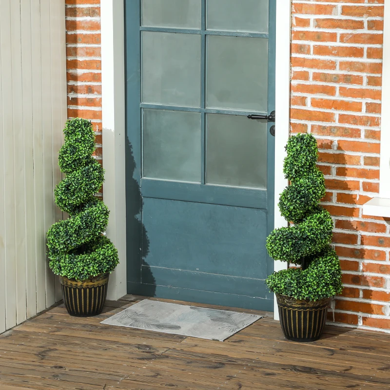 HOMCOM Set of 2 Artificial Plants, Topiary Spiral Boxwood Trees with Pot, for Home Indoor Outdoor Decor, 90cm
