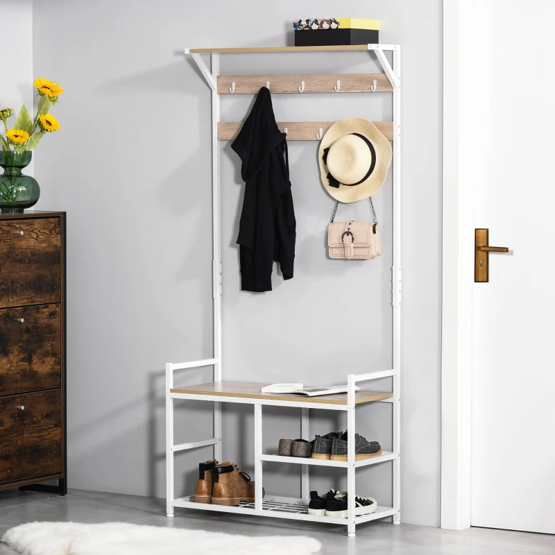 HOMCOM 3-in-1Hall Tree Entryway Coat Rack Shoe Bench with 9 Hanging Hooks, 3-Tier Storage Shelves, Multifunctional Hallway Organizer Natural/White