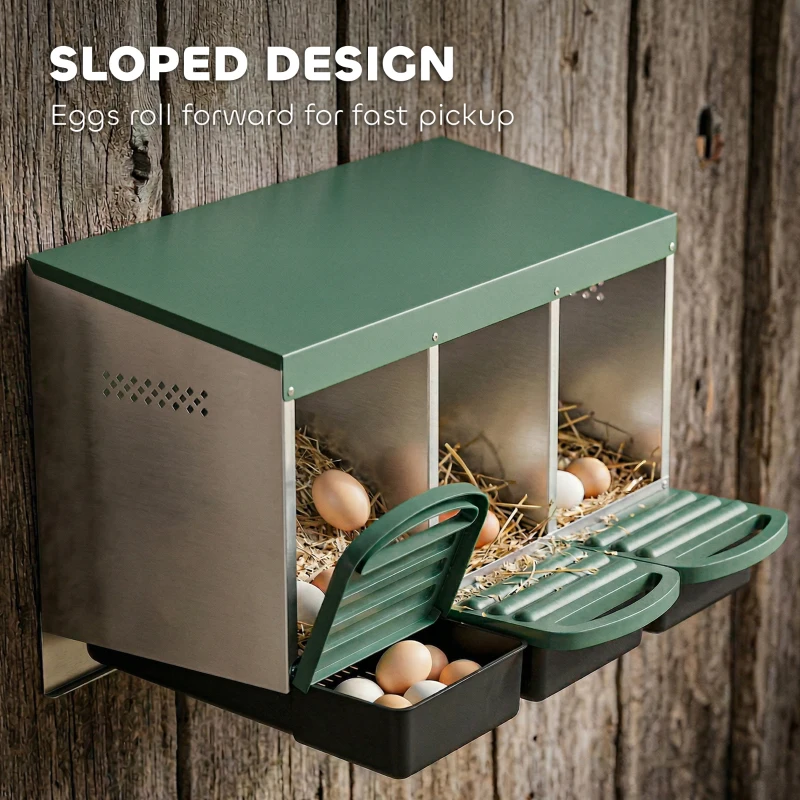 PawHut Chicken Nesting Boxes, 3 Compartment Metal Nesting Boxes for Chicken Coop, Egg Laying Boxes with Lid Cover