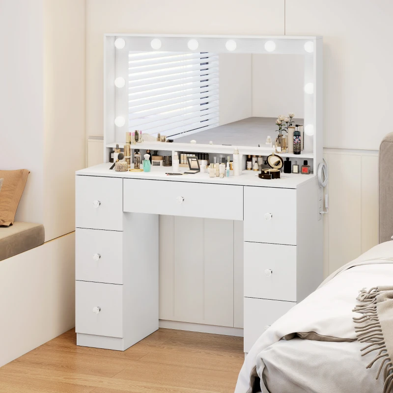 HOMCOM Vanity Desk with 10 Dimmable LED Lights, Mirror Dressing Table with 7 Drawers and Charging Station, White