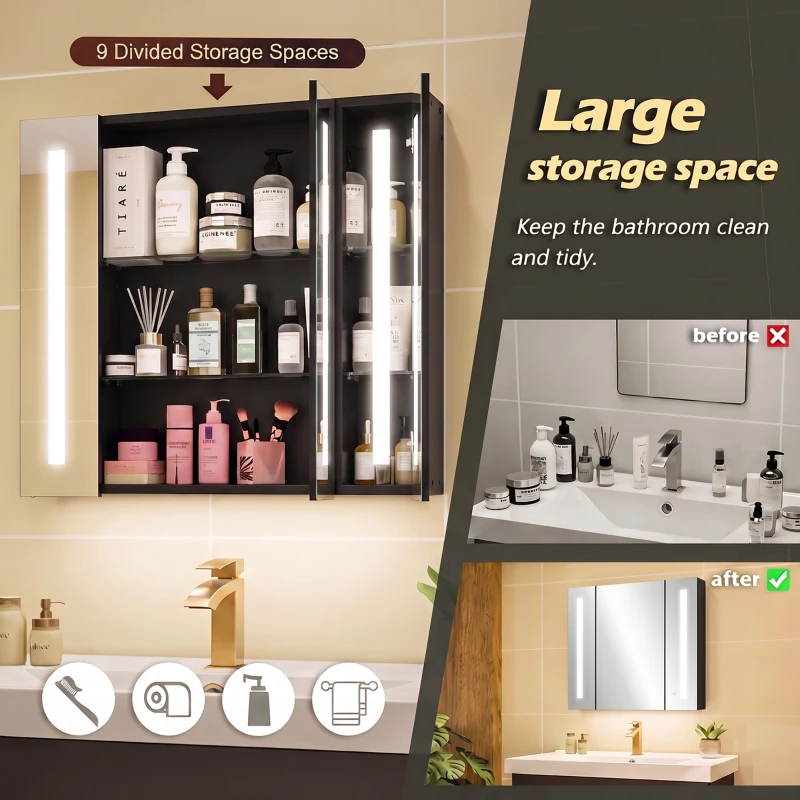 kleankin Bathroom Mirror Cabinet with LED and Adjustable Shelves, Wall Mounted Medicine Cabinet, High Gloss Black
