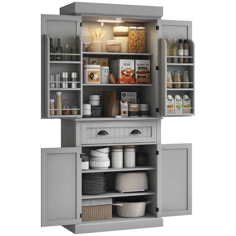 HOMCOM 71" Kitchen Pantry Cabinet with LED Lights, 6 Door Shelves, a Drawer and 4 Adjustable Shelves, Gray