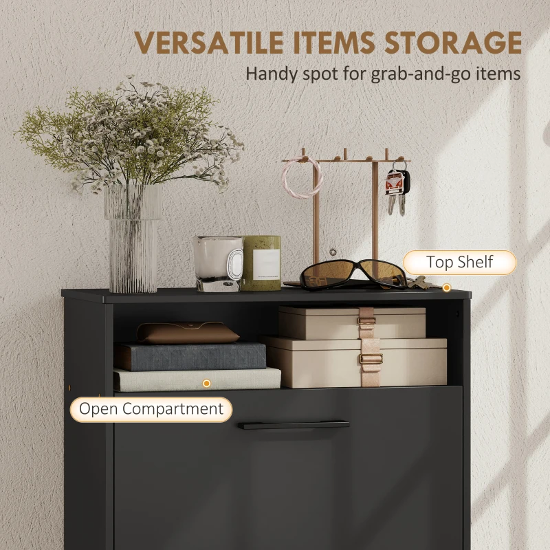 HOMCOM Shoe Cabinet 2 Flip Drawers Adjustable Dividers Shoe Storage Cabinet Top Shelf Entryway Black