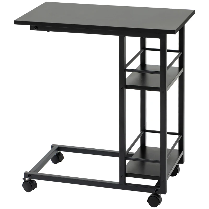 HOMCOM C Shaped End Table with Storage Shelves, Mobile Side Table with Wheels for Sofa Couch, Bed, Metal Frame, Black