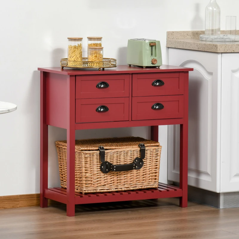 HOMCOM Sideboard Buffet Cabinet with Storage, Modern Coffee Bar Cabinet with 4 Drawers and Slatted Bottom Shelf, Console Table for Kitchen, Living Room, Dining Room, Hallway, Red