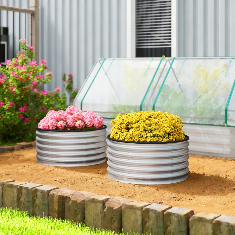 Outsunny Set of 2 Raised Garden Bed, Metal Planter Box with Safety Edging, Easy-to-assemble Stock Tank 3'x3'x1.4' Silver