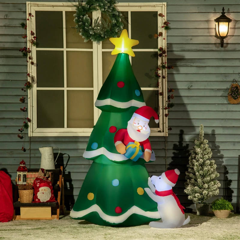 Outsunny 6ft Inflatable Christmas Tree Decorations with Santa Claus and A White Dog, Blow-Up Outdoor LED Yard Christmas Decor for Lawn Garden Party