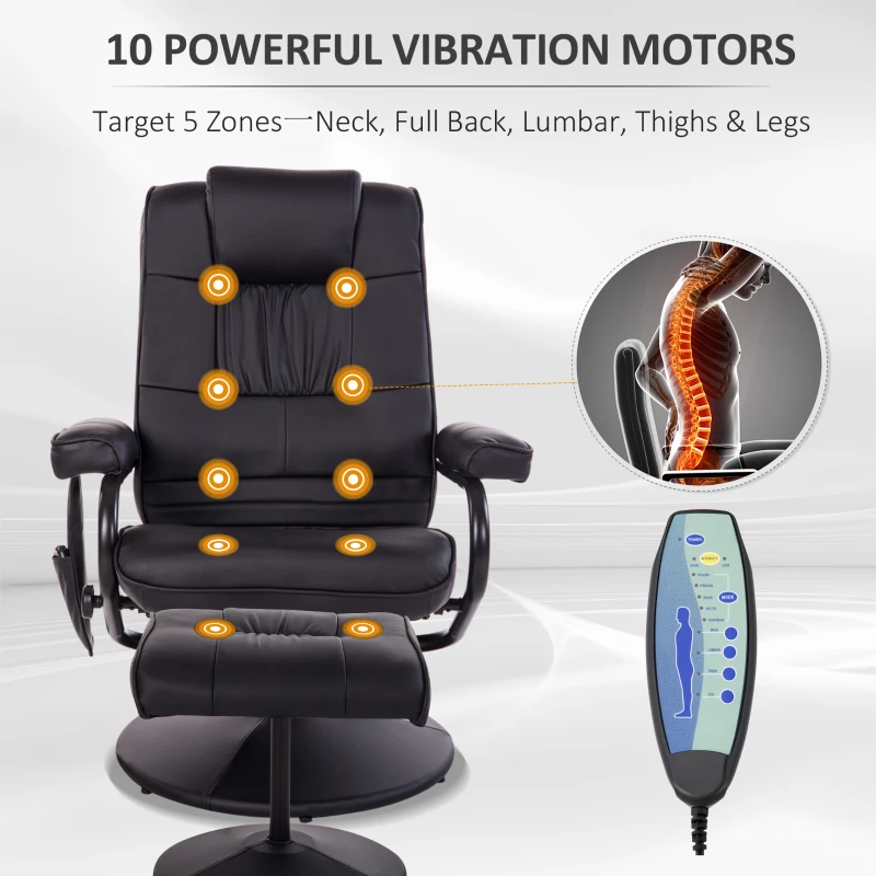 HOMCOM Massaging Faux Leather Recliner Chair and Ottoman Set, Swivel Vibration Massage Lounge Chair with Remote Control for Living Room, Bedroom, or Office, Black
