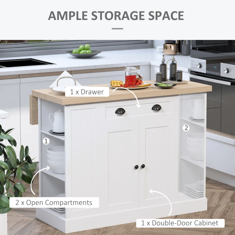 HOMCOM 47" Fluted-Style Wooden Kitchen Island, Kitchen Countertop Storage Cabinet with Drawer, Open Shelves, Storage, White