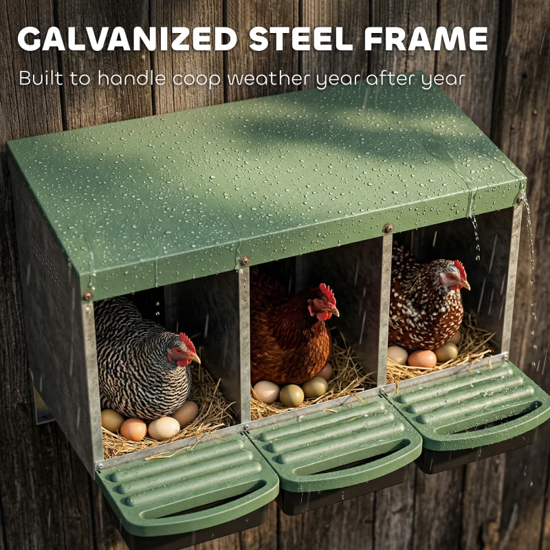 PawHut Chicken Nesting Boxes, 3 Compartment Metal Nesting Boxes for Chicken Coop, Egg Laying Boxes with Lid Cover
