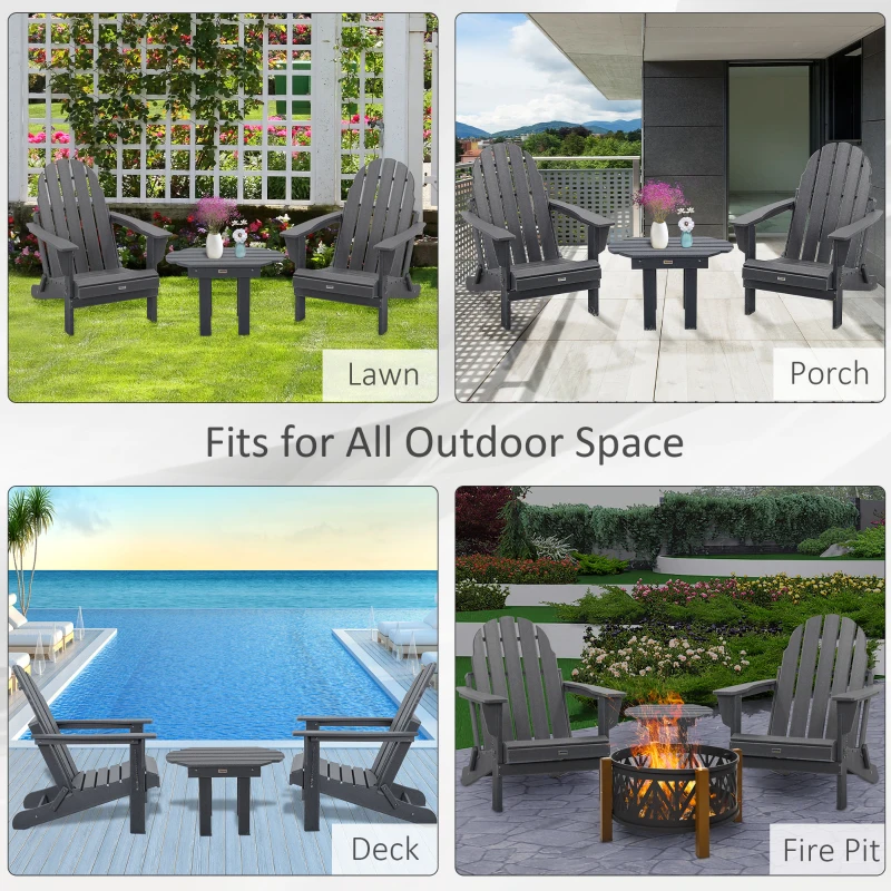 Outsunny 3 Piece Adirondack Chair Set of 2, HDPE Folding Fire Pit Chairs and Patio Side Table, Outdoor Furniture with Slatted Seat, High Backrest, Armrests, Dark Gray