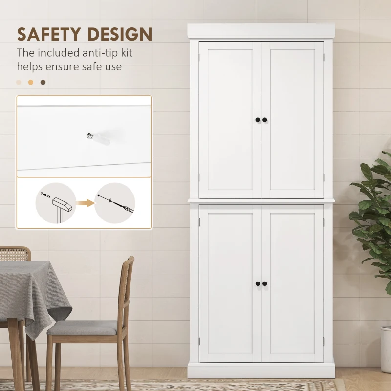 HOMCOM Traditional Farmhouse Kitchen Pantry Cupboard with Two Storage Cabinets, and 4 Adjustable Shelves, White