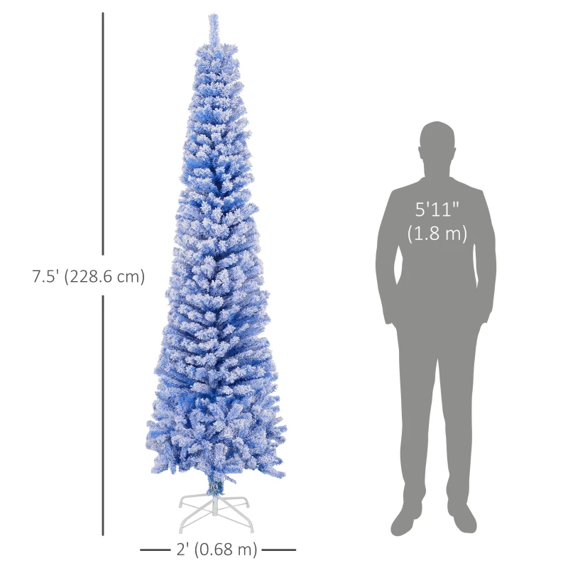 HOMCOM 7.5ft Flocked Christmas Tree, Pencil Christmas Tree with Realistic Branch Tips, Folding Metal Stand, Blue