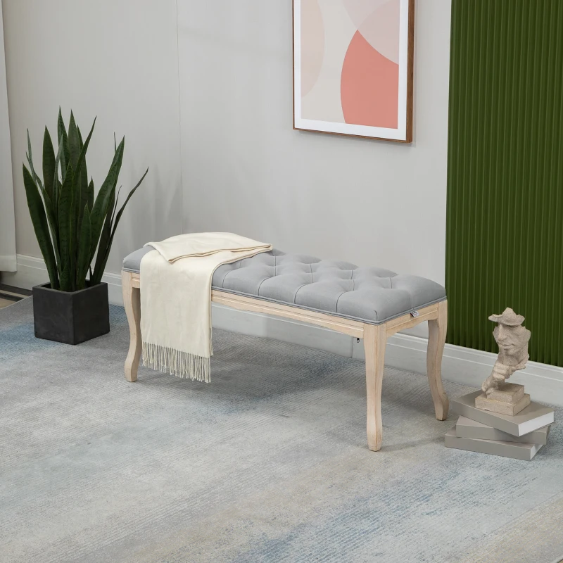 HOMCOM 43" Upholstered Entryway Bench, Linen Fabric Ottoman Stool with Button Tufted Seat, and Rubber Wood Legs for Living Room, Bedroom, or Hallway, Gray