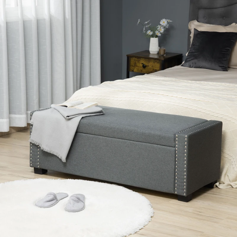 HOMCOM Nailhead Trim Upholstered Flip Top Storage Bench, Fabric Ottoman for Bedroom, or Living room, Light Grey