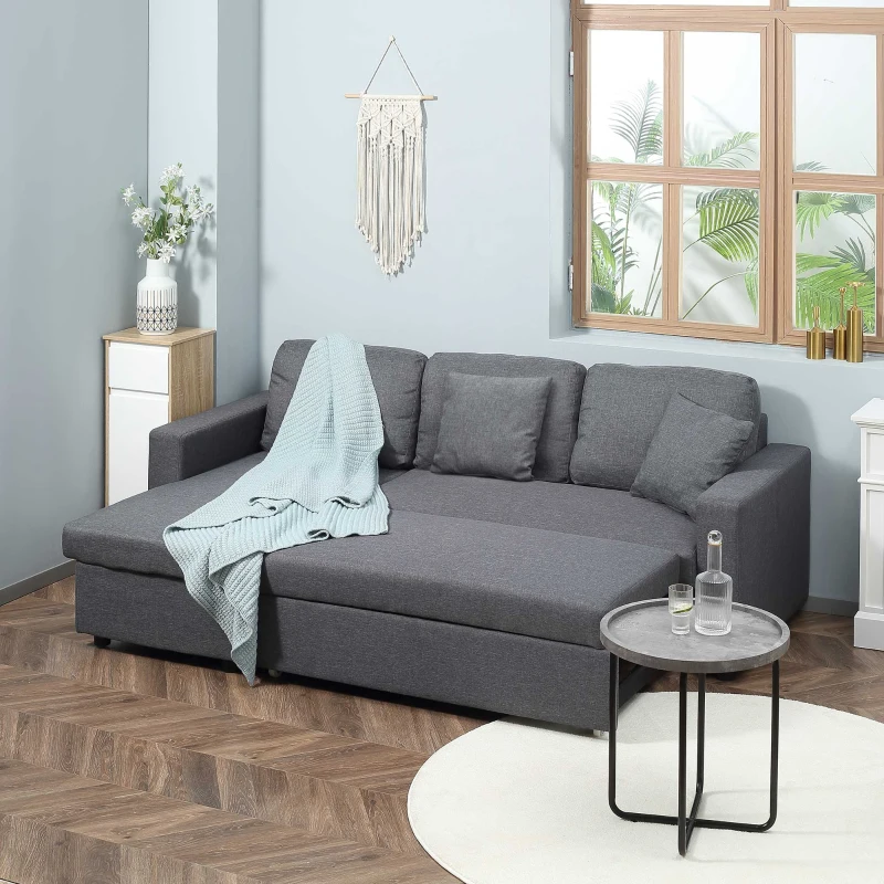 HOMCOM Sectional Sofa Bed, L-Shaped Loveseat Reversible Sleeper Sofa with Pull Out Couch Bed, Storage Chaise, Cushions, Linen Feel Fabric Futon Sofa Bed for Living Room, Dark Gray 89.75"