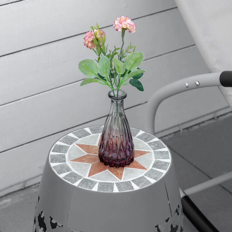 Outsunny Decorative Outdoor Stool, 12" Round Patio Side Table, Mosaic Accent Plant Stand for Garden, Balcony, Gray