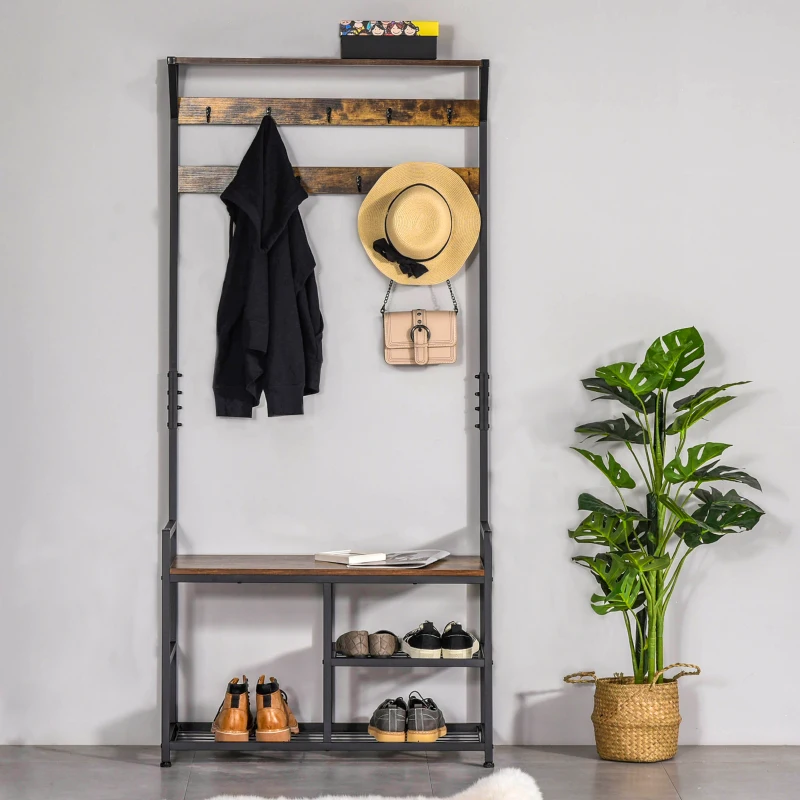 HOMCOM 3-in-1Hall Tree Entryway Coat Rack Shoe Bench with 9 Hanging Hooks, 3-Tier Storage Shelves, Multifunctional Hallway Organizer Brown/Black