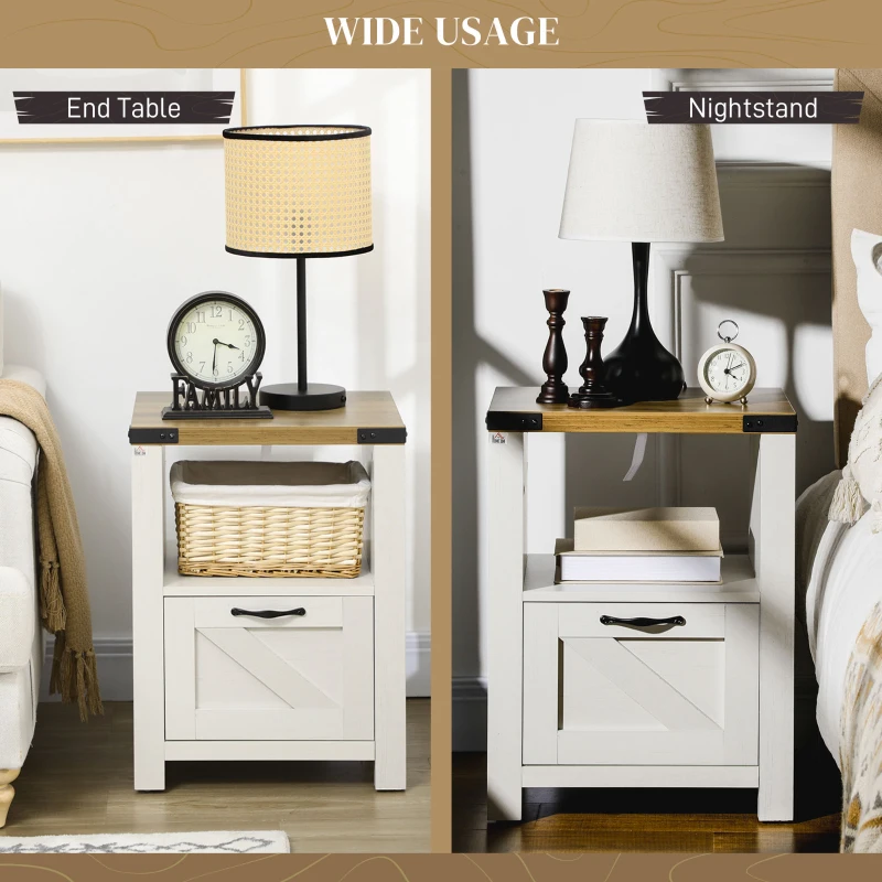 HOMCOM Side Table with Storage, Farmhouse End Table with Drawer, Open Shelf and Barn-style Panel, Nightstand for Living Room, Bedroom, White