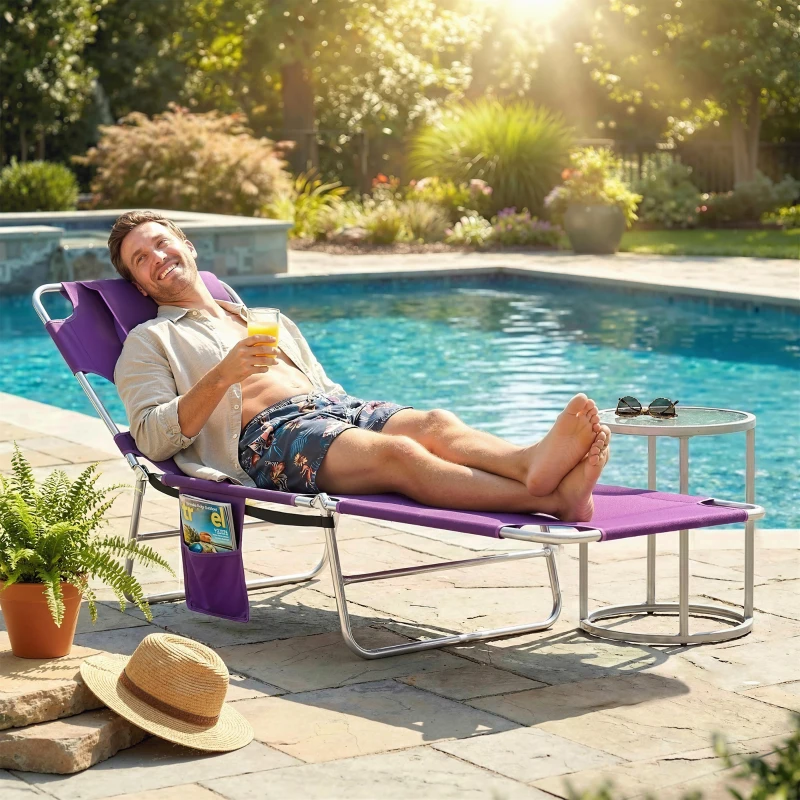 Outsunny Tanning Chair with Face Hole, 5-Level Adjustable Outdoor Chaise Lounge Chair with Pillow for Beach, Pool, Purple