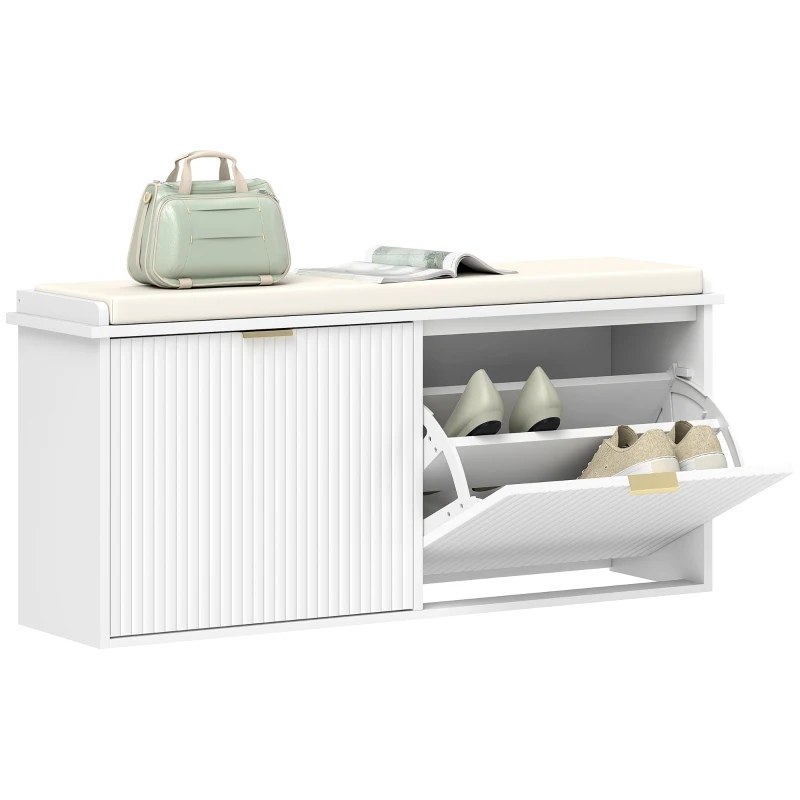 HOMCOM Entryway Bench with Padded Seat and Flip-Drawers, Holds up to 529lbs, Shoe Storage Bench for 10 Pairs of Shoes, White