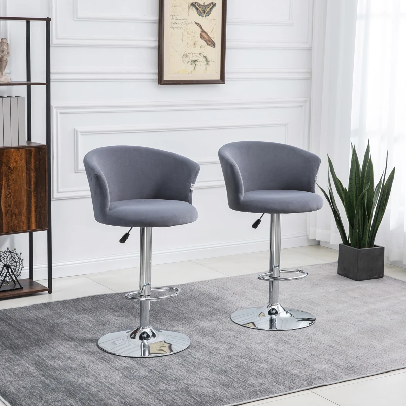 HOMCOM Adjustable Bar Stools Set of 2, Velvet Upholstered Kitchen Stool, Swivel Counter Height Barstool with Footrest for Dining Room, ‎Grey